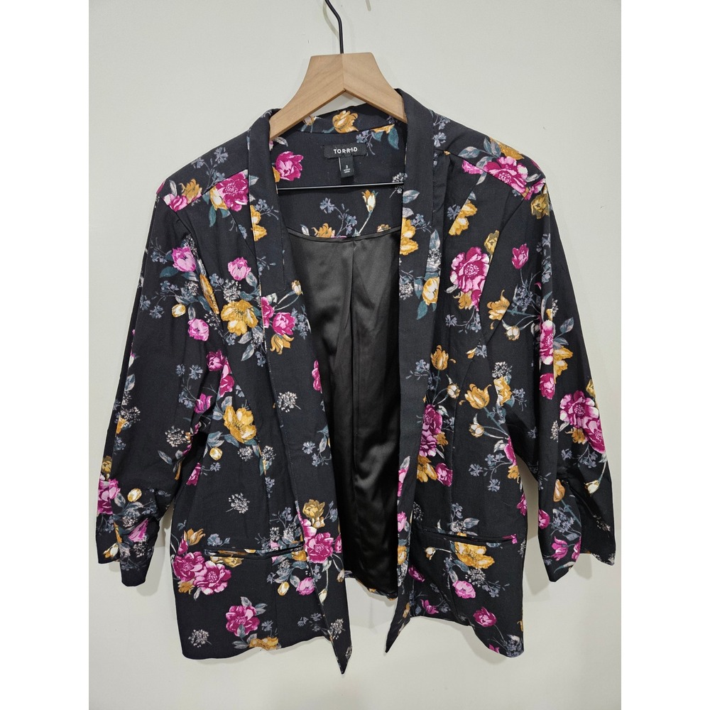 Torrid Size 3 Black Floral Open Front Blazer Pink Mustard Romantic Workwear